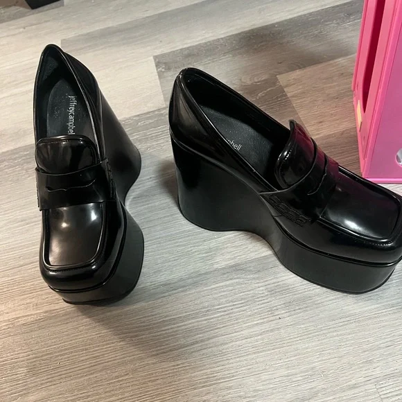 Jeffrey Campbell Square Toe Black Platform Wedge Loafers - Picture 3 of 8